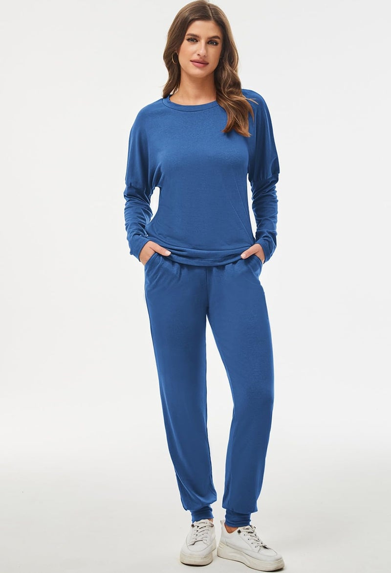 Fixmatti Women Casual 2 Piece Outfits Jumpsuit Long Sleeve Shirt and Long Pant Set M Blue - Image 3